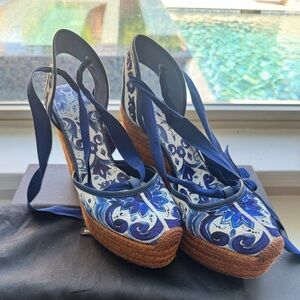 Dolce & Gabbana Blue Floral Wedge Sandals
